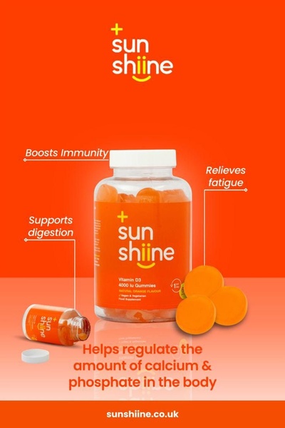 A clean, bright product-centric advertisement for Vitamin D3 gummies using clear callouts to explain key health benefits.